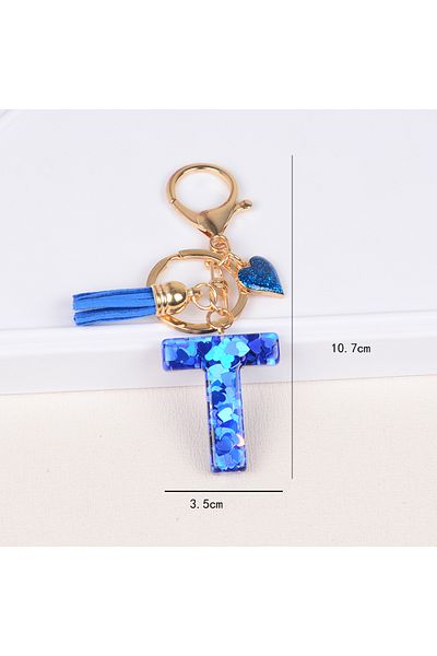 Choice قلادة على شكل مفتاح حرف T مكونة من 26 حرفًا مع شرابة زرقاء من سبيكة معدنية على شكل حب للفتيات حقيبة يد لامعة متدرجة اللون R.
