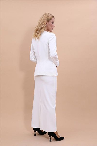 ÖNDER ÖZSOY Plus Size - Oval Neck Long Jacket & Long Pencil Skirt Set-White