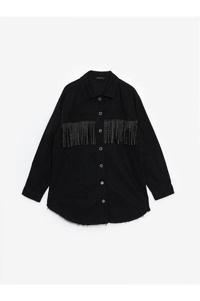 LC Waikiki Jachetă de jeans pentru femei cu guler de cămașă cu imprimeu cu pietre strălucitoare