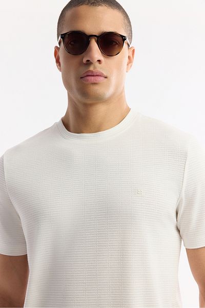 Avva Men's Ecru Crew Neck Jacquard Textured T-Shirt A51Y1041