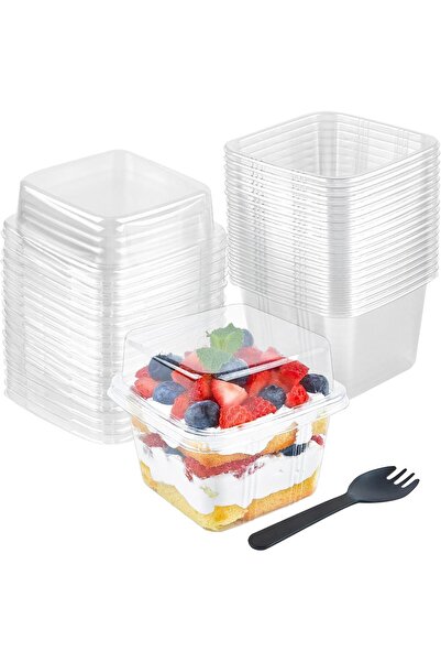 Yelajoy 50 Square Plastic Dessert Cups, Disposable, With Lids and Forks, 8oz, For Cakes, Yoghurt, Parfaits