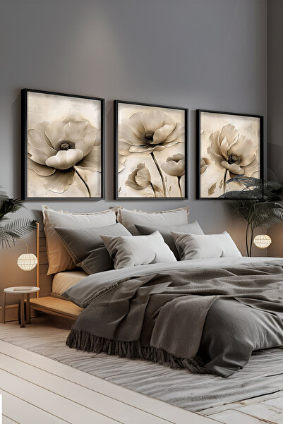 STARYUNA Yağlı boya efektli çiçekli siyah ahşap çerçeveli 3'lü tablo seti Yuna90