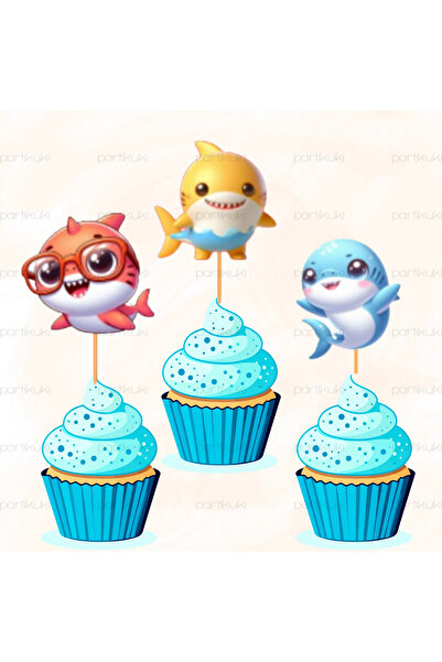 partikuki Balık Deniz Balina Köpek Balığı Baby Shark Konsept Doğum Günü Cupca...