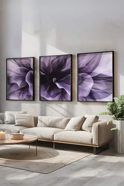 STARYUNA Siyah ahşap çerçeveli mor çiçekli 3'lü tablo seti Yuna99
