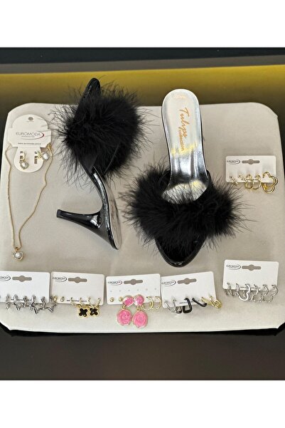 KARAOĞLU TEKSTİL حذاء زفاف نسائي بكعب من الريش الأسود وحقيبة هدية وقطعة مجوهر...