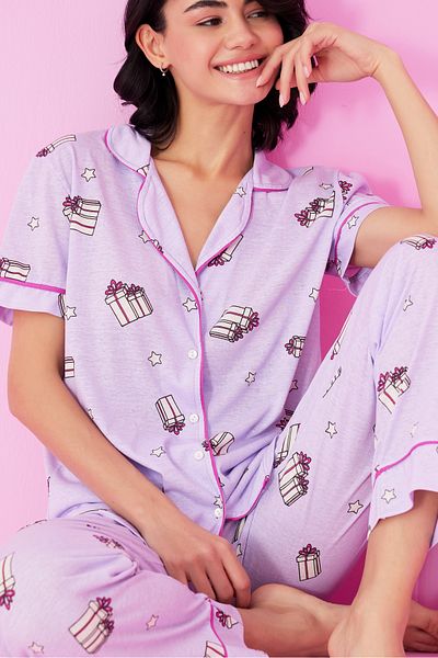 Siyah İnci Lilac Gift Box Patterned Short Sleeve Buttoned Pajama Set7856