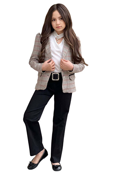 Riccotarz Girl's Open Collar and Stone Detailed Blouse Plaid Line Blazer Jacket Belted Black Bottom Top Set