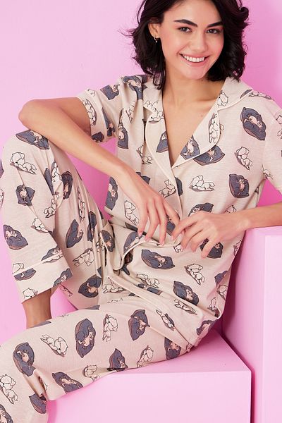 Siyah İnci Beige Melange Pillow Dog Pattern Short Sleeve Buttoned Piping Pajama Suit7855
