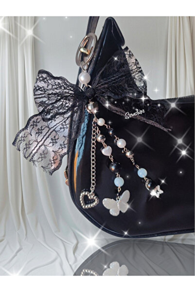 Serashine Siyah fiyonklu çanta charmı