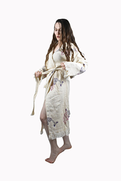 FACCİ Yunus Muslin Peshtemal Cotton Bathrobe Tasseled Dressing Gown Cotton Muslin Hammam Dressing Gown
