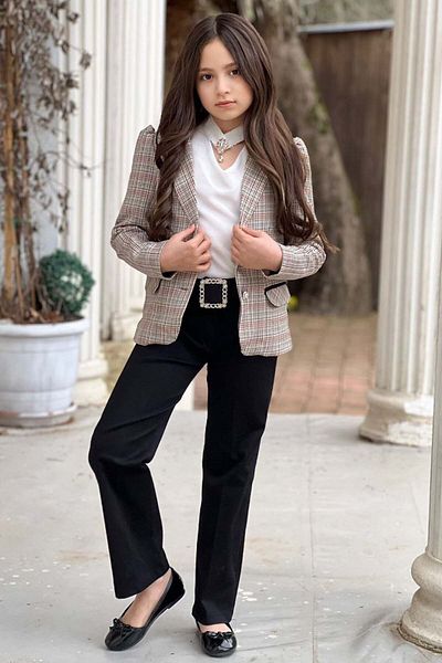 Riccotarz Girl's Open Collar and Stone Detailed Blouse Plaid Line Blazer Jacket Belted Black Bottom Top Set