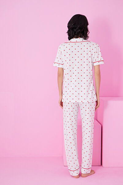 Siyah İnci beyaz kırmızı kalp puan Desenli Kısa Kollu Düğmeli Biyeli Pijama Takım7855