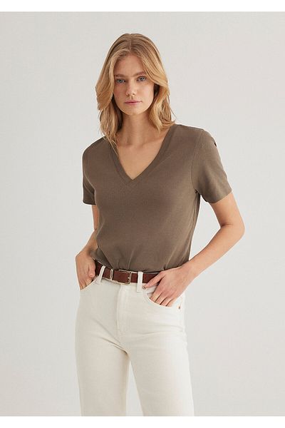 Mavi Braunes Basic-T-Shirt mit V-Ausschnitt, reguläre Passform 1612917 -83866
