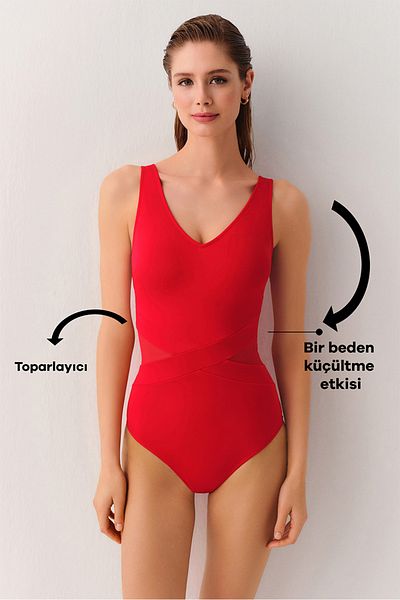 SUWEN V-Neck Corset Gathered Tulle Swimsuit