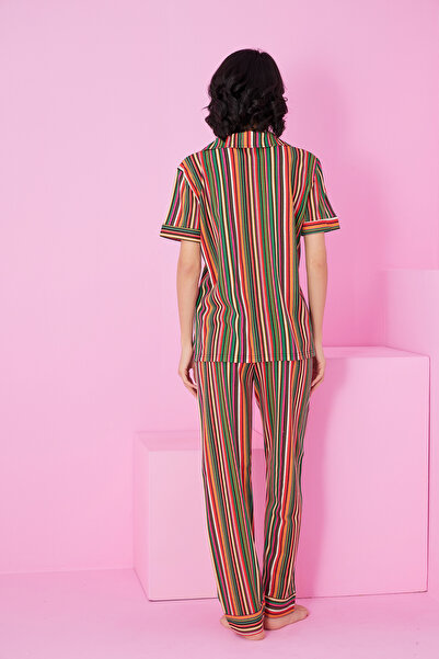 Siyah İnci Colorful Line Pattern Short Sleeve Button Pajamas Suit7856