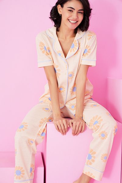 Siyah İnci Yellow Big Daisy Patterned Short Sleeve Buttoned Pajama Set7854