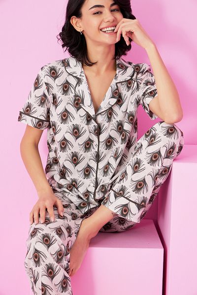 Siyah İnci Beige Melange Patterned Patterned Short Sleeve Buttoned Pajama Set7854