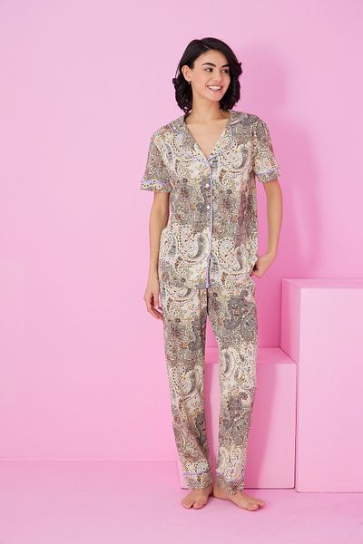 Siyah İnci șal colorat, cu mâneci scurte, cu nasturi, costum de pijama7856