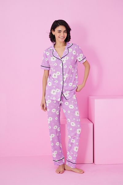 Siyah İnci Lilac White Flower Patterned Short Sleeve Buttoned Pajama Set7854
