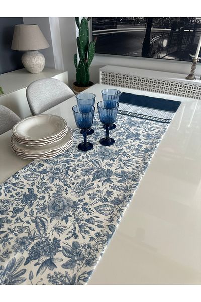 Decamor home Runner albastru floral rezistent la pete