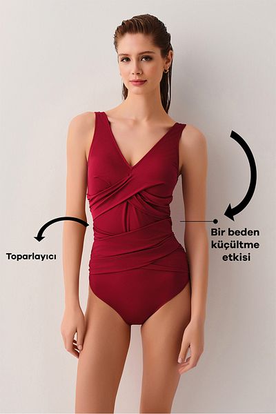SUWEN V-Neck Corseted Gather Detailed Swimsuit