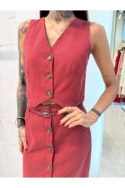 nidistore Denim Fabric 3 Button Short Vest with Elastic Back and String Detail
