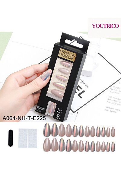 Youtrico 24 أظافر صناعية بسيطة وأنيقة، رمادية وردية، على شكل قطرة