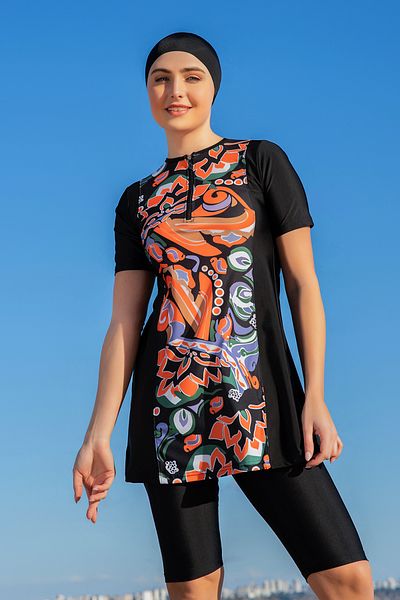 REMSA Lycra Short Sleeve Semi-Covered Swimsuit 25223-3 Black