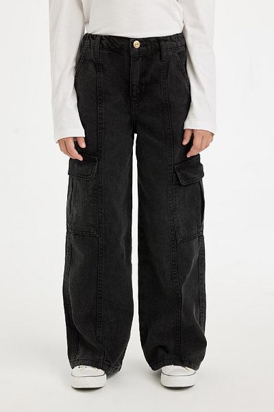 DeFacto Girl's Anthracite Jean Trousers - Wide Loose Leg, Cargo Pocket, Wide Leg D3383A824Wn
