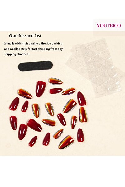 Youtrico 24 أظافر صناعية لاصقة، مقياس ليزر مرآة أظافر صناعية، أحمر ملكي، شكل قطرة