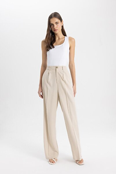 DeFacto Linen Blend Woven Pants with High Waist Pockets Wide Leg Pants - 24Ya1922Axbg-69549