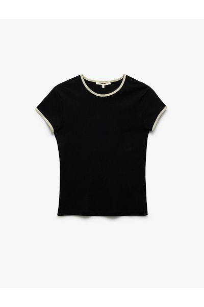 Koton Cotton Contrast Detailed Short Sleeve Crew Neck T-Shirt