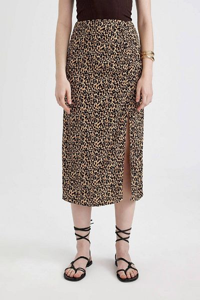 DeFacto Fusta midi maroken cu fantă cu model leopard - C0938ax24sm