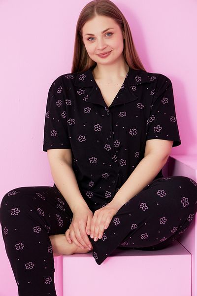 Siyah İnci black pink floral printed Plus Size Battal Size Buttoned Knitted Pajama Set