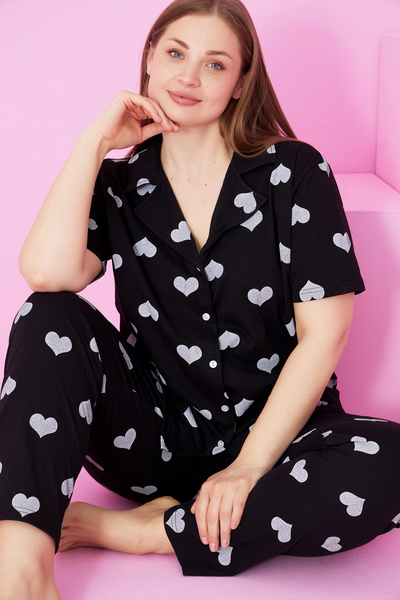 Siyah İnci Black and White Heart Printed Large Size Oversized Buttoned Knitted Pajama Set