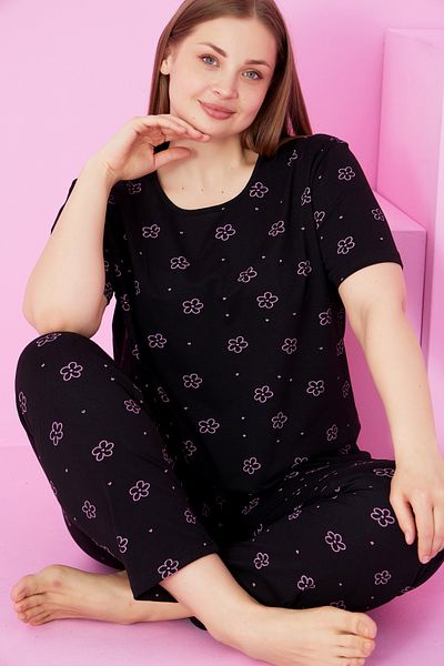 Siyah İnci Black Pink Flower Printed Large Size Oversize Crew Neck Knitted Pajama Set