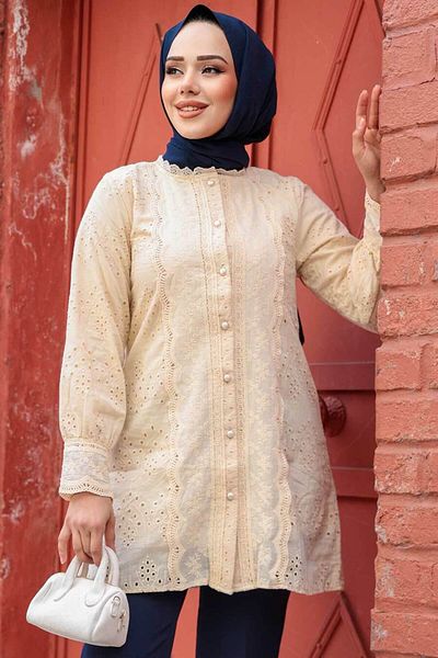 N.S NEVA STYLE Guipure Beige Hijab Tunic 20012Bej