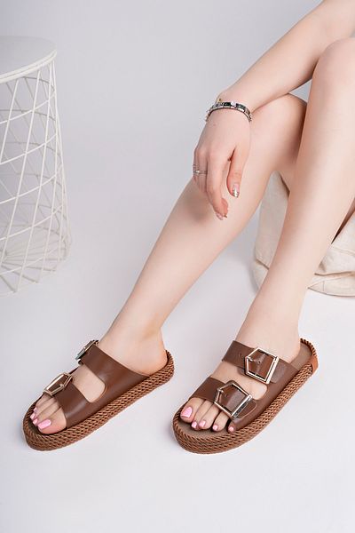 meyra'nın ayakkabıları Women's Tan Skin Orthopedic Sole Double Buckle Straw Slippers