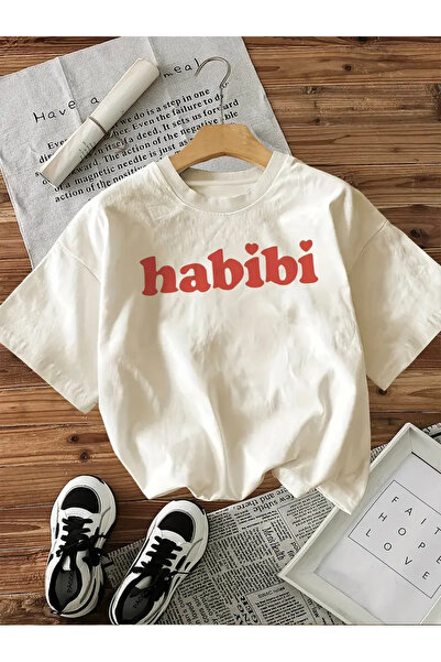 AEMİ Unisex Habibi εμπριμέ 100% βαμβακερό μαύρο μπλουζάκι Oversize