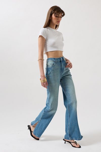 Black Fashion High Waist Blue Jeans with Leg Slits