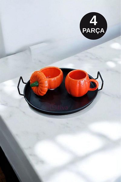 İLİVA 4 Piece Metal Tray Pumpkin Decor Sugar Bowl and Mug Cup Set