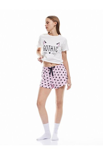 Koton Cotton Short Sleeve Cat Themed Heart Printed Shorts Pajama Set