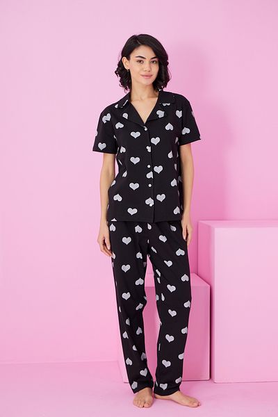Siyah İnci Black and White Heart Printed Shirt Collar Buttoned Knitted Pajama Set