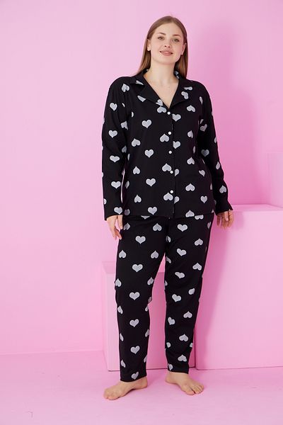 Siyah İnci Black and White Heart Printed Large Size Oversized Buttoned Knitted Pajama Set