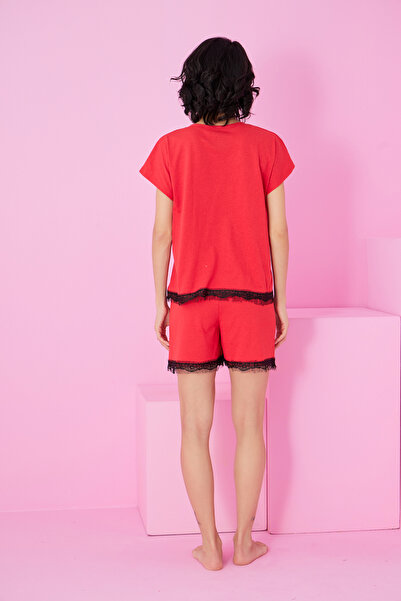 Siyah İnci Red Lace Detailed Crew Neck Knitted Shorts Set