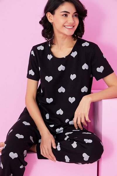 Siyah İnci Black and White Heart Printed Crew Neck Knitted Pajama Set