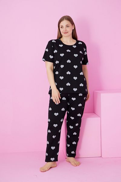 Siyah İnci Black and White Heart Printed Large Size Oversize Crew Neck Knitted Pajama Set