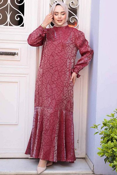 N.S NEVA STYLE Patterned Burgundy Hijab Satin Dress 4457Br