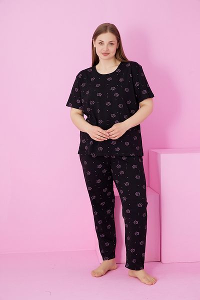 Siyah İnci Black Pink Flower Printed Large Size Oversize Crew Neck Knitted Pajama Set