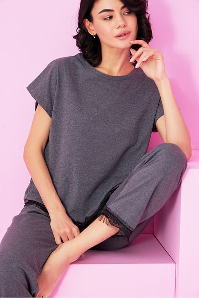 Siyah İnci Anthracite Lace Detailed Crew Neck Knitted Pajama Set